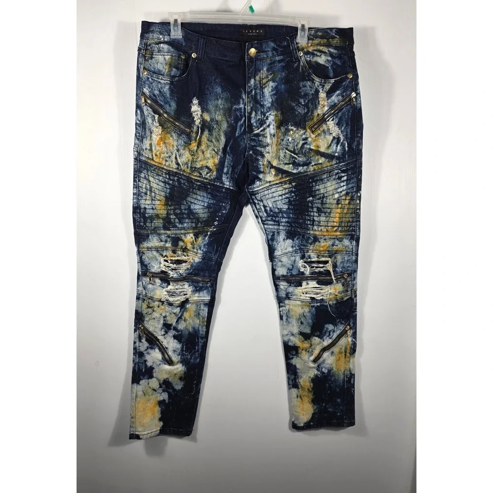 Krome New York Mens 42x32 Moto Biker Jean Acid Wash Distressed Blue Yellow Splat